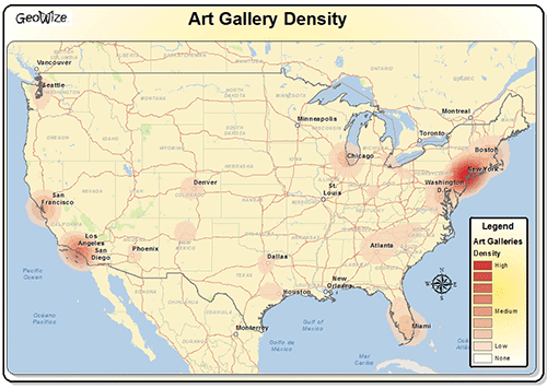A chart of art gallery density in the United States. Data and image by Wayne Kocina / GeoWize. 